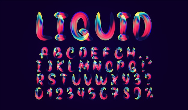 Alphabet-Schriftart mit schmelzendem Flüssigkeitsgradienten. Flüssiger bunter Brief. Abstrakte weiche englische Alphabetschriftart. Entwerfen Sie 3D-Zahlenzeichen, die auf schwarzem Hintergrund isoliert sind. Vektor-Illustration