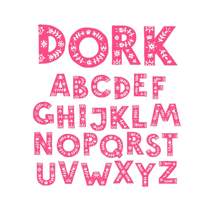 Alphabet von rosa Buchstaben in einer Blumenverzierung.