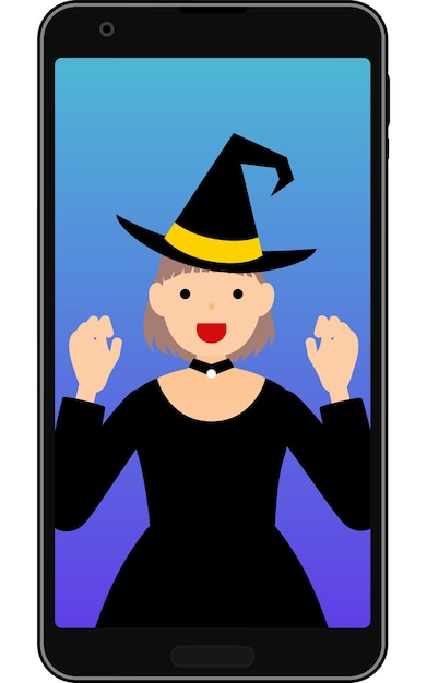 Vektor als hexe verkleidetes mädchen mit einer online-halloween-party auf ihrem handy