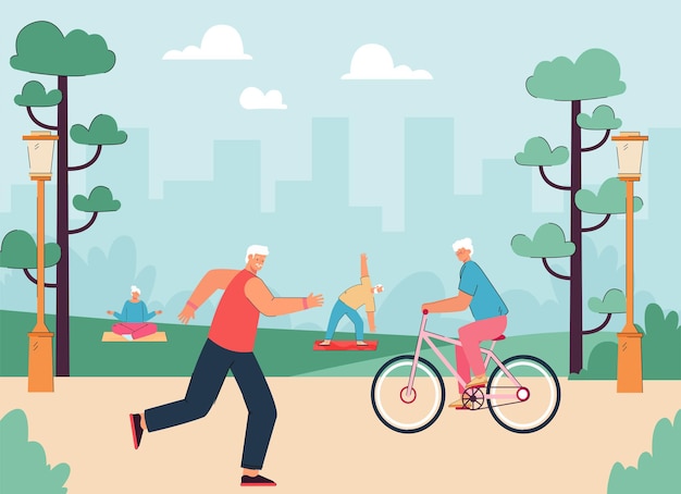 Alte athletenmänner und -frauen, die im stadtpark laufen, fahrrad fahren, aktive übungen machen. aktive großmütter in der flachen illustration der natur