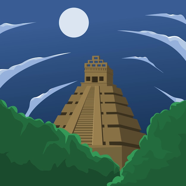 Vektor alte ethnische pyramiden-tempel-vektor-illustration unter bewölktem himmel bei nacht