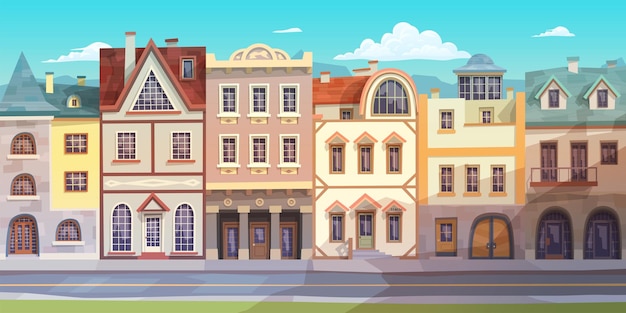 Alte europäische Häuser Fassade Straße sonniger Tag