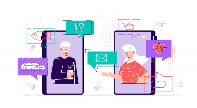 Alte familie familienpaar mann frau kommunikation mit smartphone videoanruf. ältere menschen sprechen, chatten, kommunizieren, klatschen über themen in sozialen netzwerken. flache artcharakterillustration