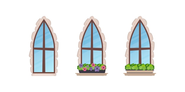 Alte Fenster mit Blumen und Steinverkleidung. Cartoon-Stil. Vektor-Illustration.