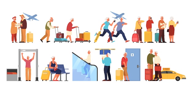 Alte Leute am Flughafen et. Idee von Reisen und Tourismus. Älterer Mann am Scanner, Flugzeugankunft. Passagier mit Gepäck.