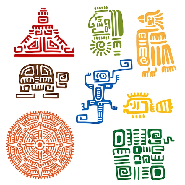 Alte Maya- und Azteken-Totems oder religiöse Zeichen mit bunten Symbolen von Sonne, Vogel, Schlange, Schildkröte, Fisch, Eidechse, Pyramide und Krieger. Für Tattoo- oder T-Shirt-Design