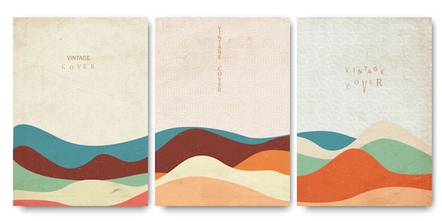 Alte papiere, bedeckt vorlagen, die mit japanischen wellenmustern und geometrischer kurve handgezeichneten formen orientalischen stil gesetzt werden