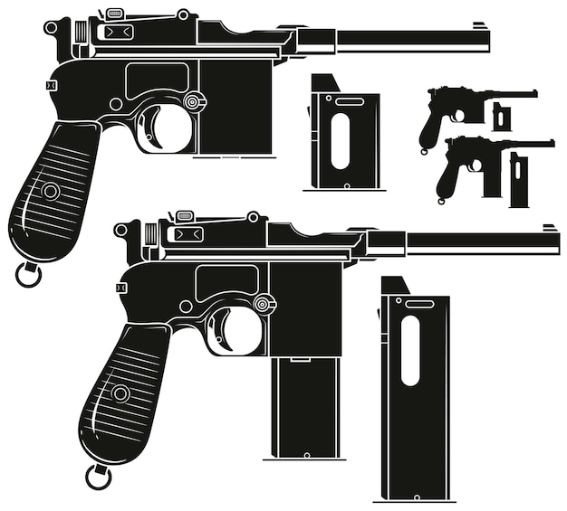 Vektor alte pistole der grafischen silhouette mit munitionsclip