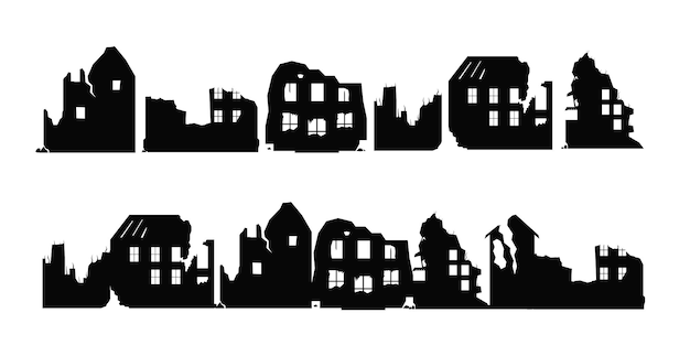 Alte ruinierte silhouette verlassene und eingestürzte gebäude eingestellt apartmenthäuser beschädigt krieg oder erdbeben apokalypse vektorillustration cliparts für das konzept des katastropheneinsturzes