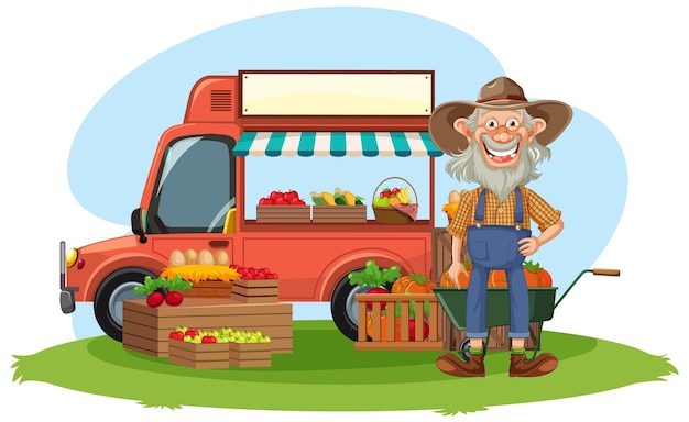 Vektor alter bauer verkauft frische früchte vom imbisswagen