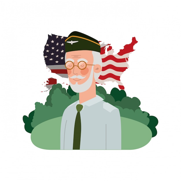 Alter mann des veteranenkrieges mit flagge der landschaft und der vereinigten staaten