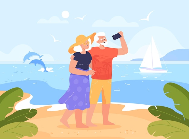 Vektor alter mann und frau machen gemeinsam selfie am strand in der nähe des ozeans. älteres ehepaar, das foto auf see macht, flache vektorillustration. sommer, urlaub, gesunder lebensstil, outdoor-aktivitäten-konzept für banner