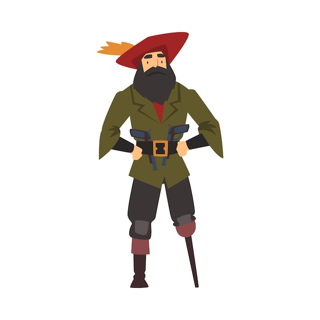 Vektor alter pirat mit holzbein männlicher buccaneer zeichentrickfigur vektorillustration