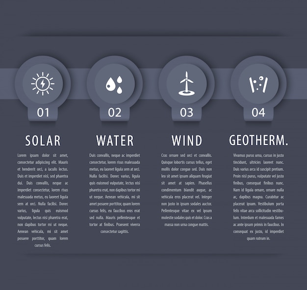 Alternative energielösungen, solar, windenergie, infografik-elemente, graue zeitachse