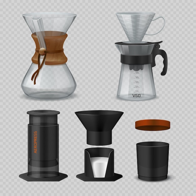 Alternativer Kaffee. Realistische Glasflaschen für die Brühmethoden von Filterkaffee Hario V60, Airpress und Chemex. Vektor isolierte Illustration Kaffeebehälter mit weißem Papierfilter eingestellt