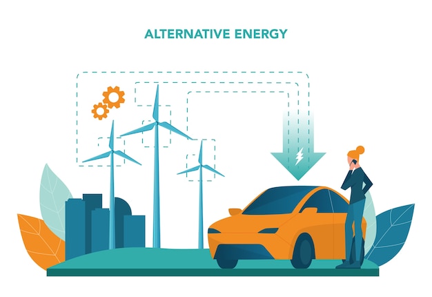 Alternatives Energiekonzept. Idee der Ökologie Kraft und Strom. Die Umwelt schützen. Solarpanel und Windmühle. Isolierte flache Vektorillustration