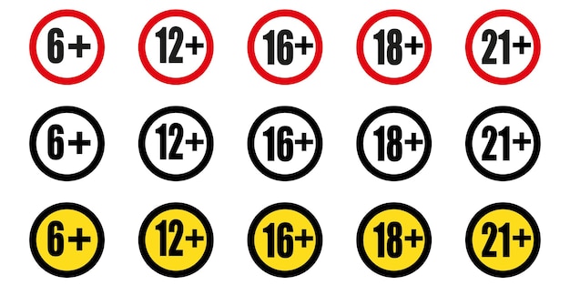 Altersbeschränkungszeichen 6, 12, 16, 18 und 21 altersgrenzenkonzept. vektor auf isoliertem weißem hintergrund.