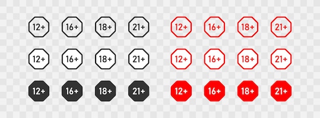 Altersgrenze Große Set-Symbole 12 16 18 und 21 plus Schwarzer und roter Knopf Vektor isoliert