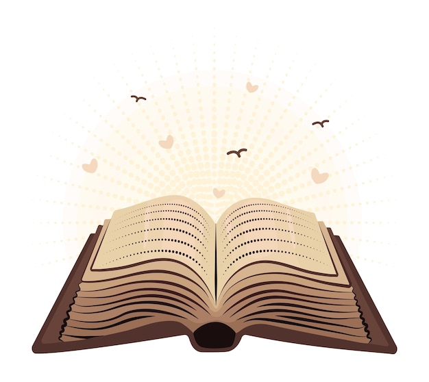 Altes beige offenes Buch mit abstraktem Text helle Vögel und Herzen dunkle Akademie Literatur Vektor