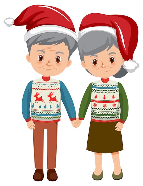 Altes Ehepaar in Weihnachtsoutfits, die Händchen halten