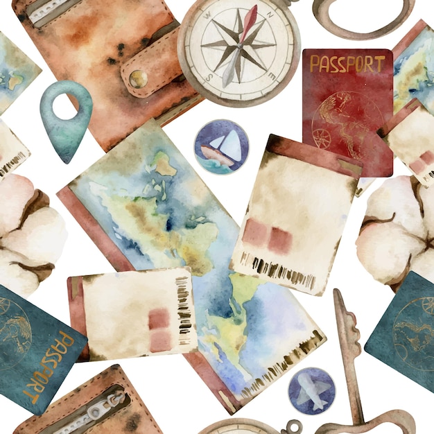 Altes Leder Vintage Brieftasche Welt Pass ID Dokument Ticket Gutschein Genehmigung Schlüssel Kompass Aquarell