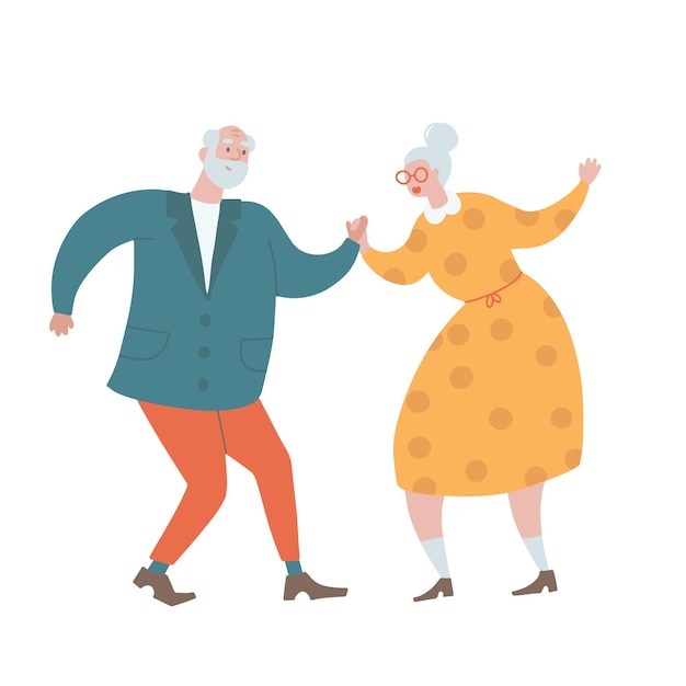 Altes paar tanzt lustige tanzkurse für ältere menschen, isolierte handgezeichnete flache vektorillustration