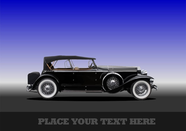 Altes schwarzes Luxusauto auf schwarzblauem Hintergrund Vektor-3D-Illustration