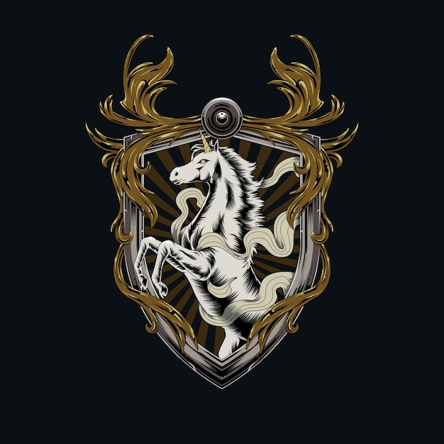 Altes Symbol des Einhorns, dekorativer heraldischer Schild