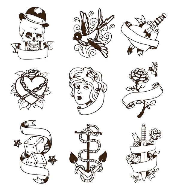 Vektor altes vintage tattoo set.