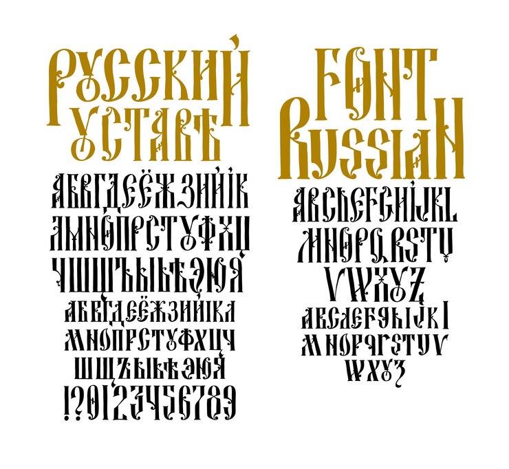 Altrussisches Schriftalphabet Die Inschrift ist in Russisch und Englisch NeoRussian