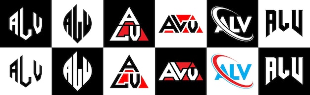 Vektor alv-letter-logo-design in sechs stilen alv-polygon-kreis-dreieck-hexagon-flach- und einfacher stil mit schwarz-weißer farbvariation buchstaben-logo in einem artboard alv-minimalist- und klassisches logo