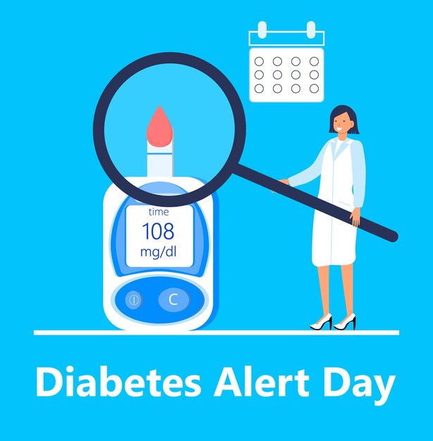Vektor american association diabetes alert day konzeptvektor im flachen stil ereignis wird jährlich am vierten dienstag im märz beobachtet arzt und blutzuckermessgerät