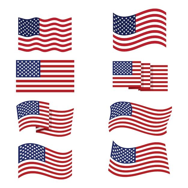 American Flags Flat Set USA Flaggensammlung Sammlung von schwingenden amerikanischen Flaggen