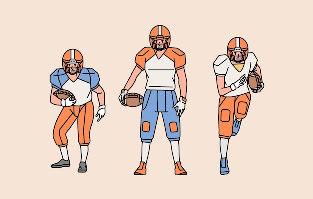 American football-charakter-spieler in aktion set line-stil-illustration