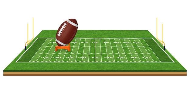 Vektor american football field mit realistischer ball-, tor-, linien- und grasstruktur. isolierte vektorillustration