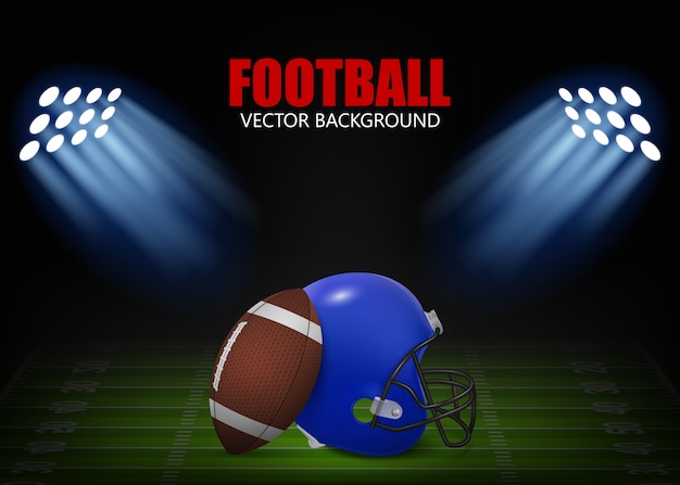 American Football Hintergrund - Helm und Ball auf dem Feld, beleuchtet von Flutlichtern.