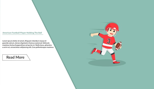 American-football-spieler hält den ball-charakter im design-banner mit informationen