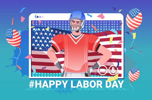 American-football-spieler mit usa flagge glücklich arbeitstag feier