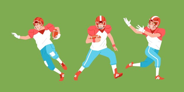 American-Football-Sportspieler im Aktionsset Jump Run Catch halten den Ball