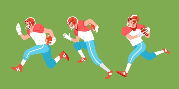 American-Football-Sportspieler im Aktionsset mit Ball und Laufseitenansicht