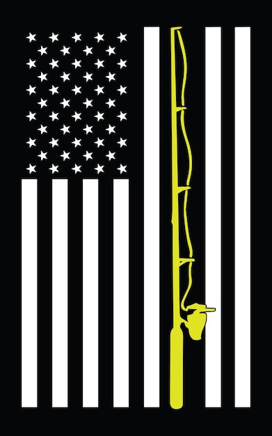 Amerikanische fischerflagge. schwarz-weiß-usa-flagge und gelber angelrutenvektor