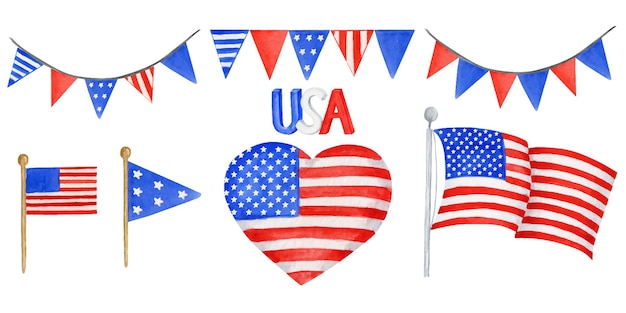 Amerikanische flaggen und schnurgirlande gesetzt, handgezeichnete aquarellillustration für glücklichen unabhängigkeitstag von amerika. 4. juli