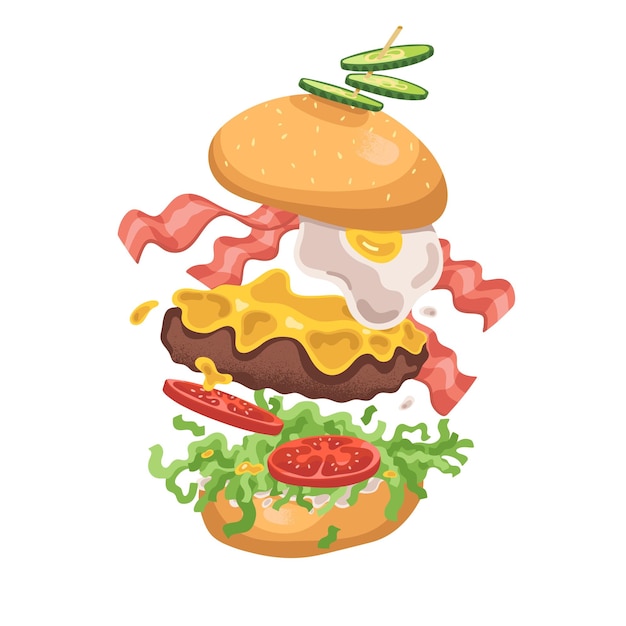 Amerikanische hamburgerfliege köstlicher burger mit fleischfloat verlockender cheeseburger mit speck levitation von zutaten ungesunde ernährung fastfood flache isolierte vektorillustration auf weiß