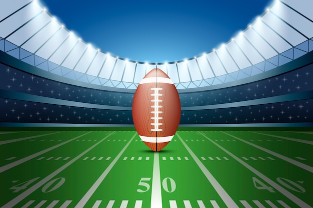 Amerikanischer Fußball auf Feld des Stadions mit Scheinwerfer.