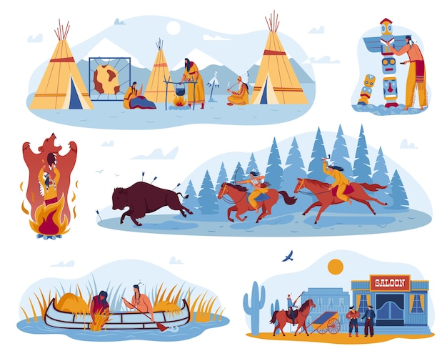 Vektor amerikanisches, indianisches wildleben, kultur im westen, illustrationssatz.