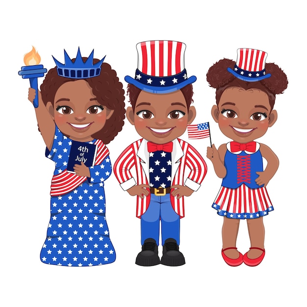 Amerikanisches schwarzes Kinderporträt zur Feier des Unabhängigkeitstages am 4. Juli mit Kostümen, die Fahnen halten und Uncle Sam-Hut tragen, Vektor der Freiheitsstatue