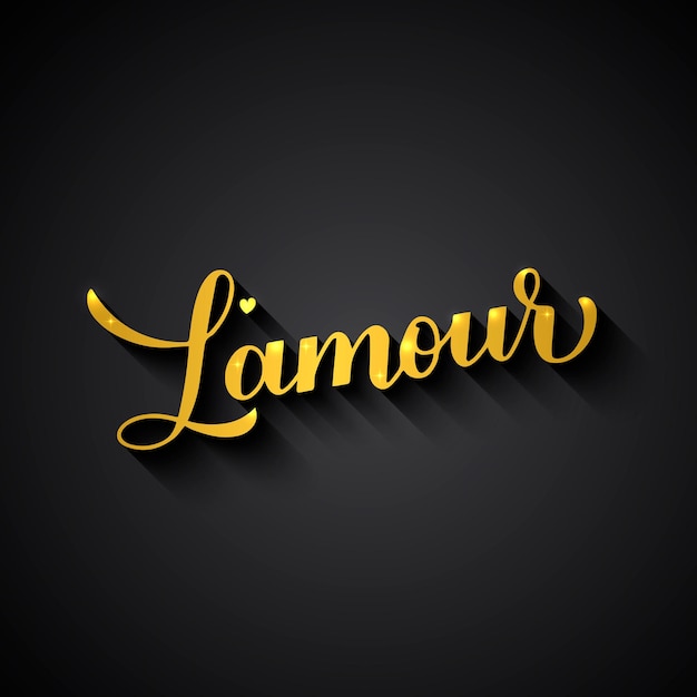 Amour Gold Kalligraphie Handschrift auf schwarzem Hintergrund Liebesinschrift auf Französisch Valentinstag Typografie Poster Vektorvorlage für Banner Postkarte Grußkarte Etikett Flyer usw.