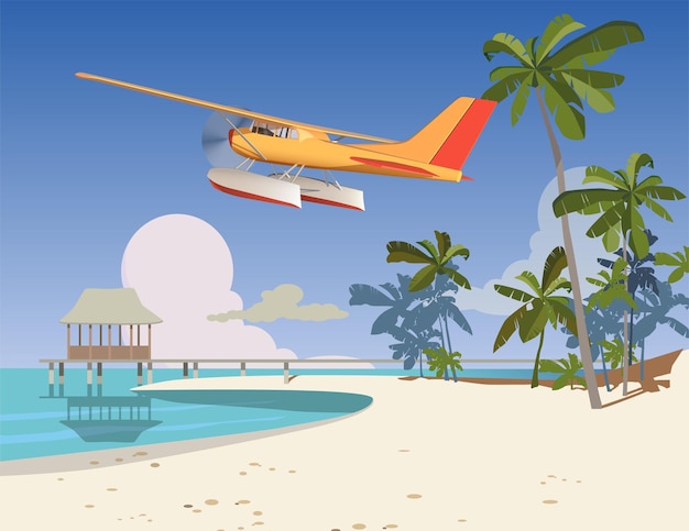 Amphibienflugzeug fliegt über ein Hotel auf einer Insel Vektor