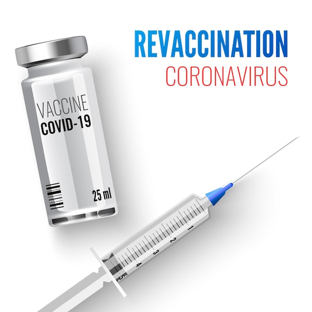 Ampulle und Spritze mit Covid19-Impfstoff Coronavirus-Reimpfungsbanner Vektorillustration