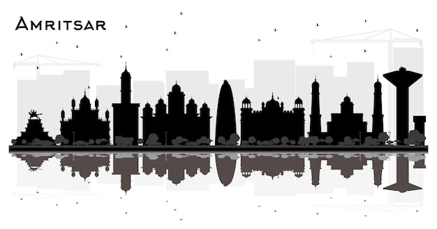 Amritsar Indien City Skyline Silhouette mit schwarzen Gebäuden, isoliert auf weiss. Vektor-Illustration. Geschäftsreise- und Tourismuskonzept mit historischer Architektur. Amritsar-Stadtbild mit Sehenswürdigkeiten.